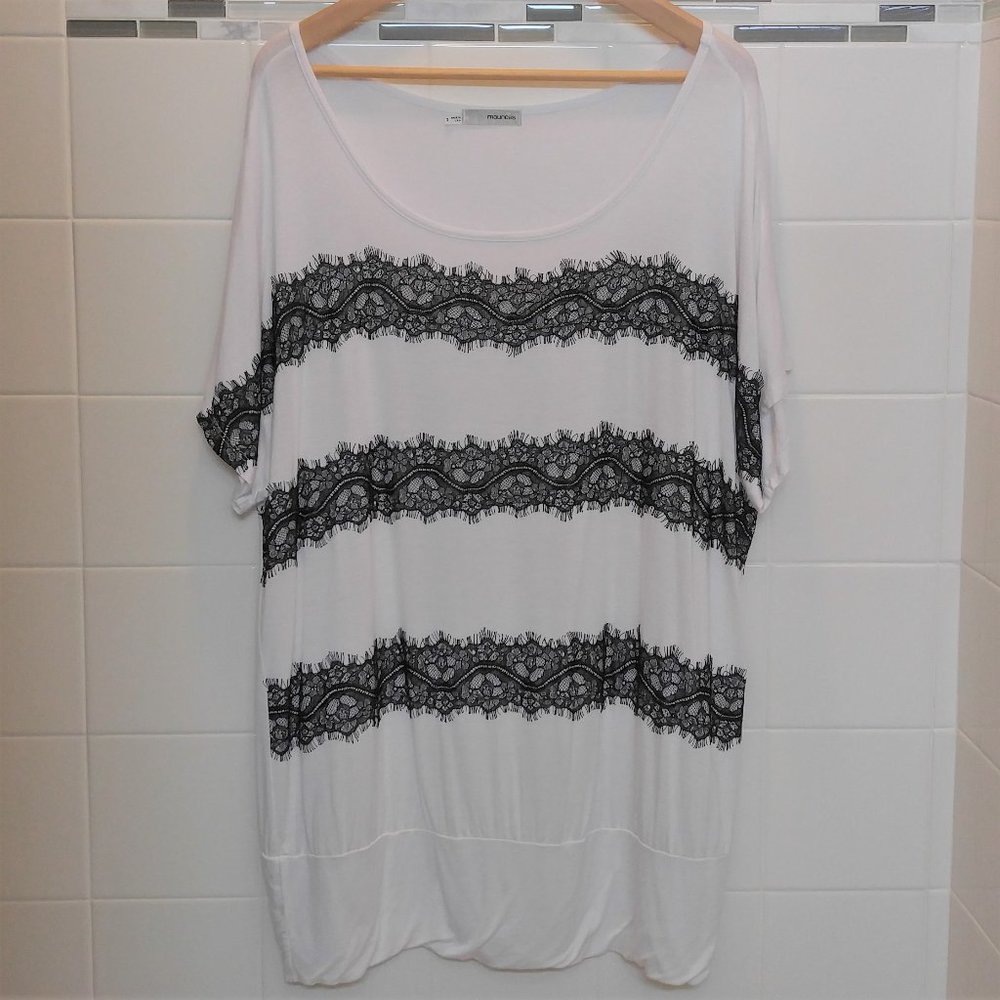 Maurices White Top with Frayed Black Lace Stripes
